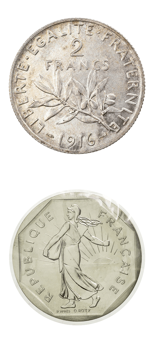 Монета Semeuse 2 французских франка Серебро 83,5%